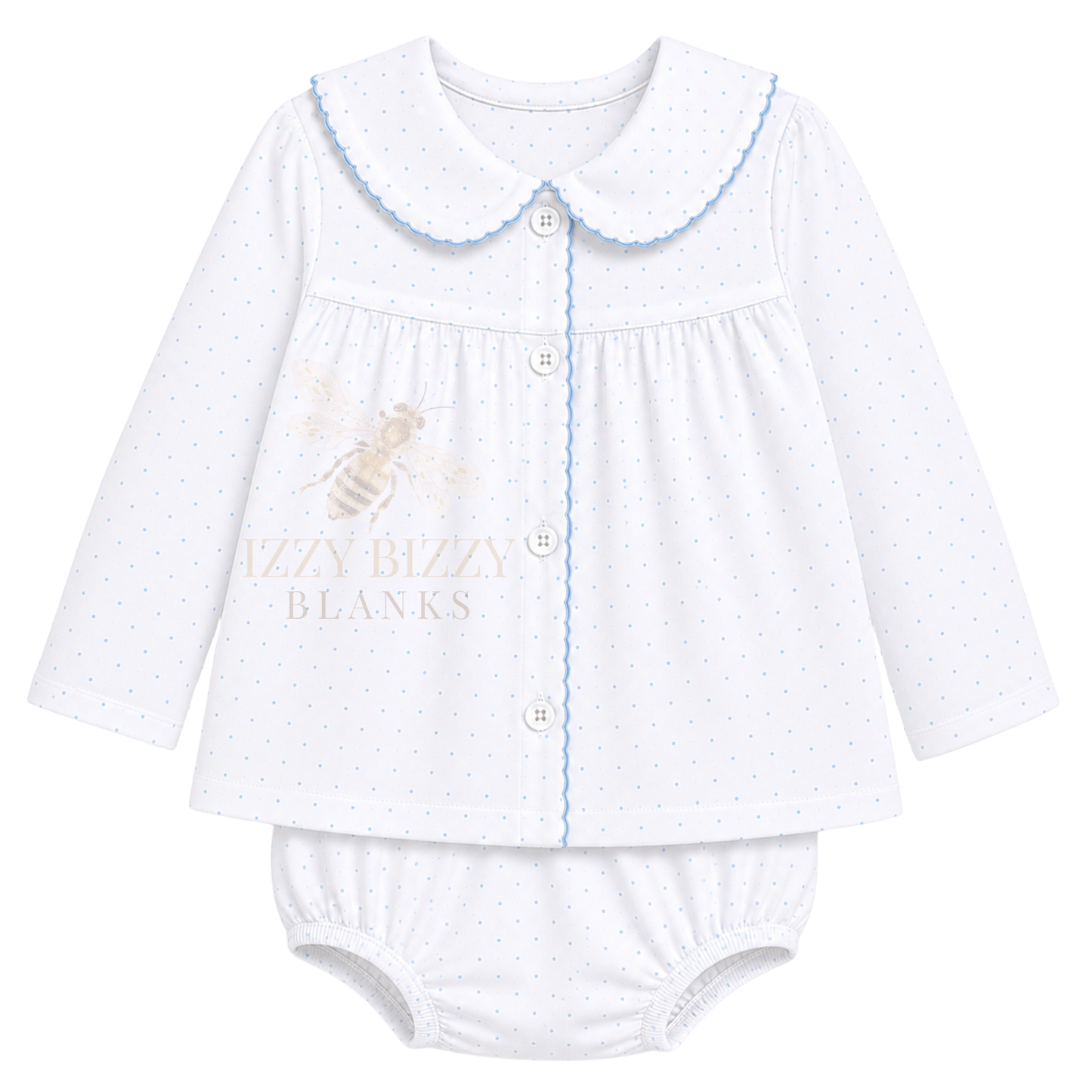 WHOLESALE PREORDER: Blue Bitty Dot Long Sleeve Diaper Set