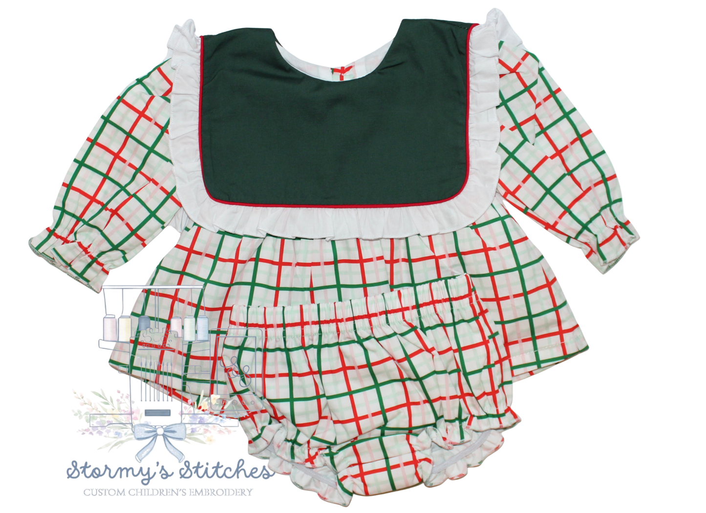 Classic Green Plaid Bib Bloomer Set | Personalized Embroidery