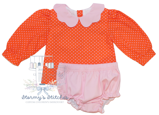 Pink & Orange Polka Dot Bloomer Set | Embroidered Baby Outfit