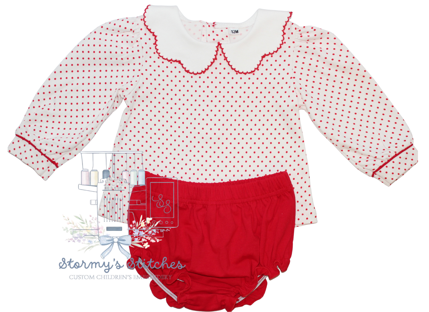 Red & White Polka Dot Peter Pan Collar Bloomer Set | Custom Embroidered