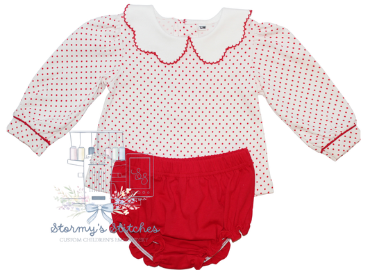 Red & White Polka Dot Peter Pan Collar Bloomer Set | Custom Embroidered