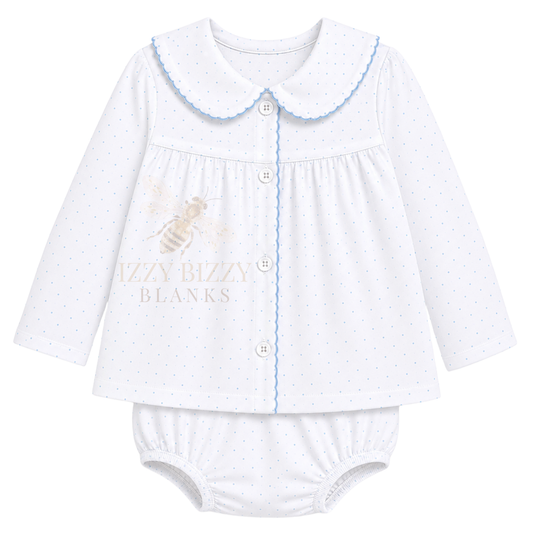WHOLESALE PREORDER: Blue Bitty Dot Long Sleeve Diaper Set