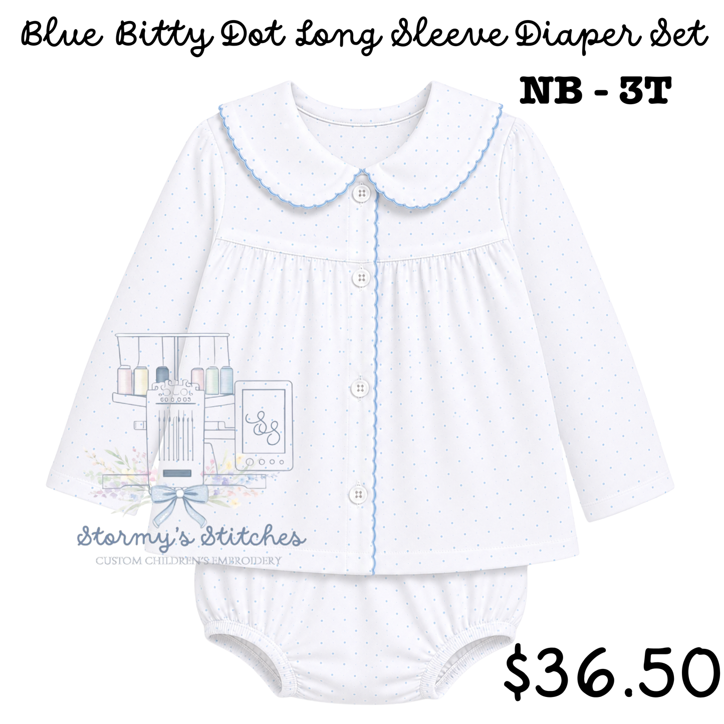 PREORDER: Blue Bitty Dot Long Sleeve Diaper Set