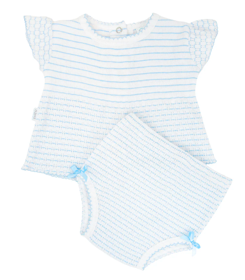 Paty Knit Flutter Sleeve Diaper Set with Bows (Blue Pinstripe)